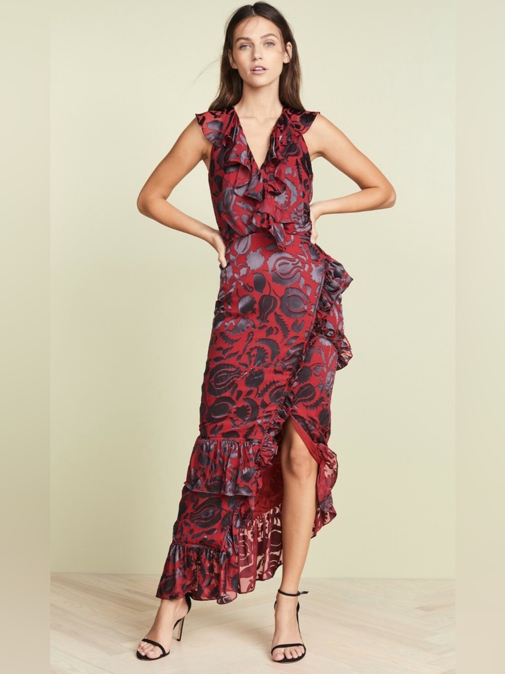 SALONI Anita Silk Burnout Velvet Dress Slit Ruffle Midi Vampire Goth Witchy Red